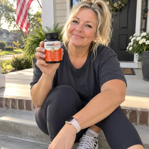 A woman on her front porch after a walk holding a bottle of AlkaBurn