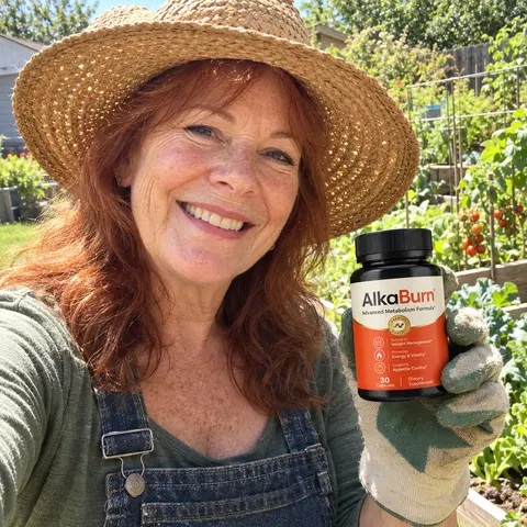 A woman in her vegetable garden holding a bottle of AlkaBurn