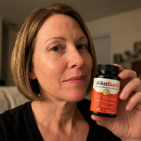 A woman at home holding a bottle of AlkaBurn